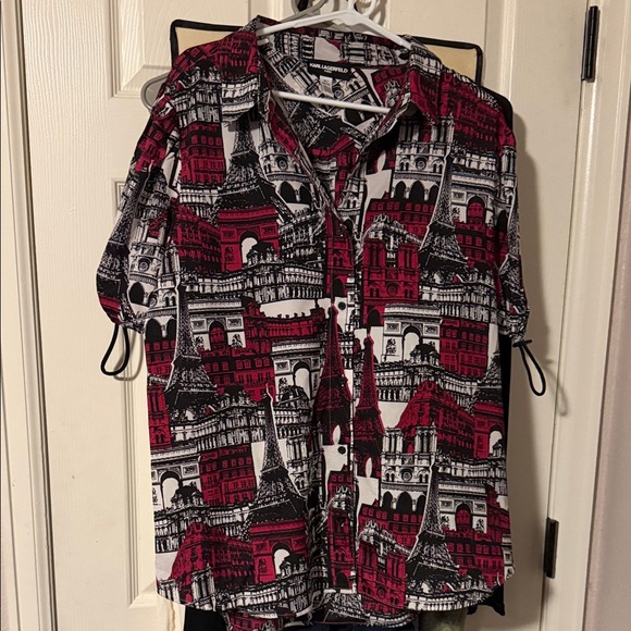 Karl Lagerfeld Tops - Karl Lagerfeld Pink, Black, and White Architectural Print Short-Sleeve Blouse